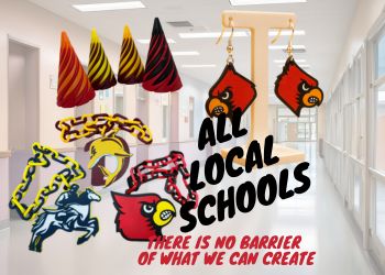 Custom school spirit gear including earrings, keychains, and magnets